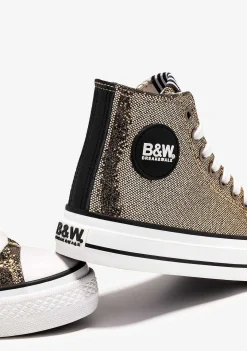 Tênis Casuais-Conguitos Tênis Feminino De Cano Alto Com Brilho Dourado Preto E Branco