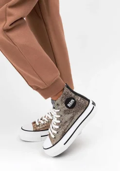 Tênis Casuais-Conguitos Tênis Feminino De Cano Alto Com Brilho Dourado Preto E Branco