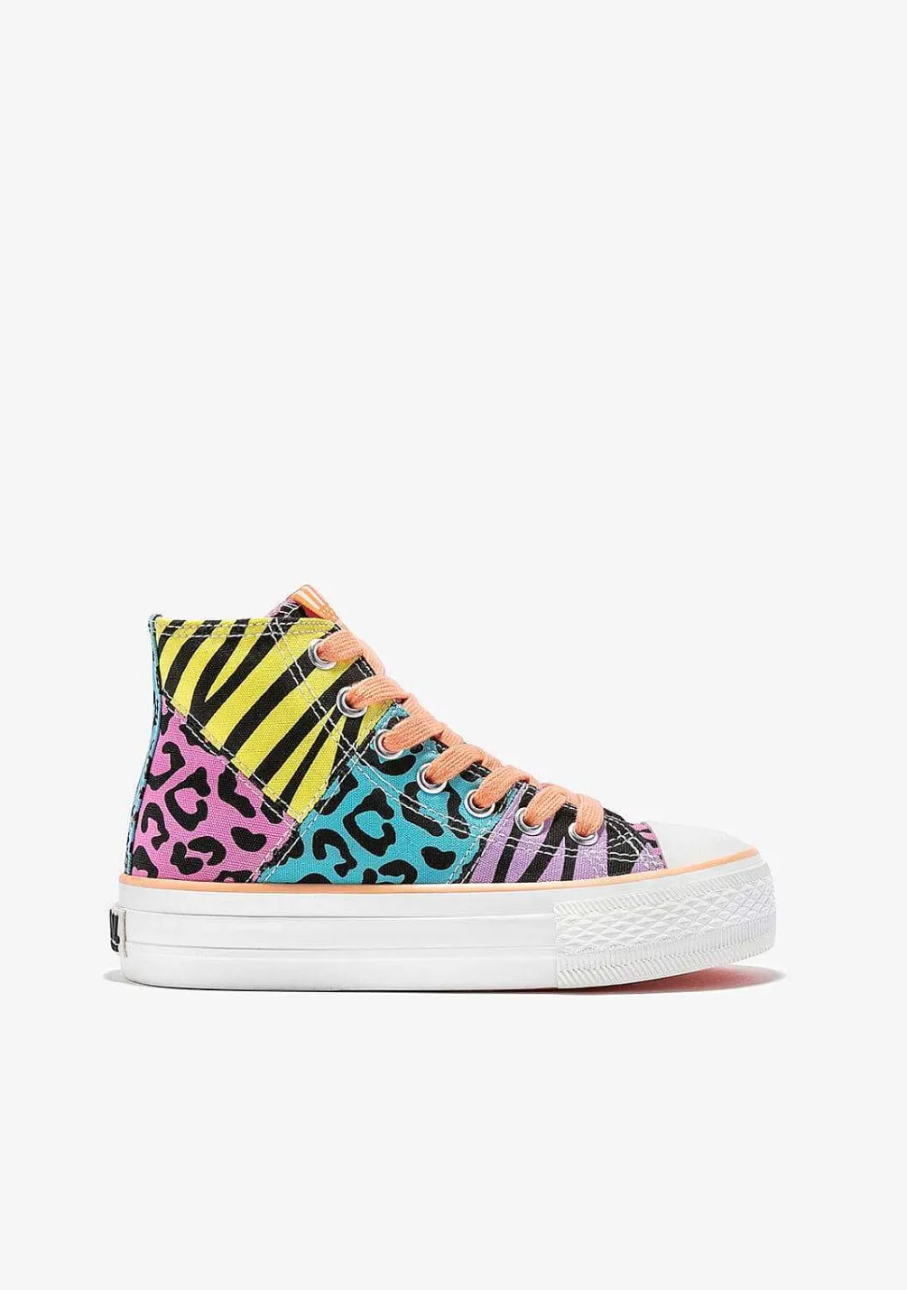 Tênis Casuais-Conguitos Tênis Feminino Multicolorido Com Estampa Animal De Cano Alto Em Lona Preto E Branco