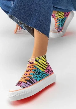 Tênis Casuais-Conguitos Tênis Feminino Multicolorido Com Estampa Animal De Cano Alto Em Lona Preto E Branco