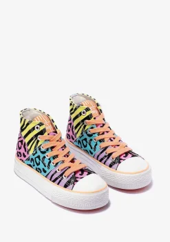 Tênis Casuais-Conguitos Tênis Feminino Multicolorido Com Estampa Animal De Cano Alto Em Lona Preto E Branco