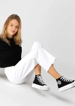 Tênis Casuais-Conguitos Tênis Unissex Preto Com Logo Hi-Top Em Lona Preto E Branco