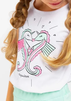 Camisetas-Conguitos Top De Menina Com Estampa De Cavalo Marinho Branco