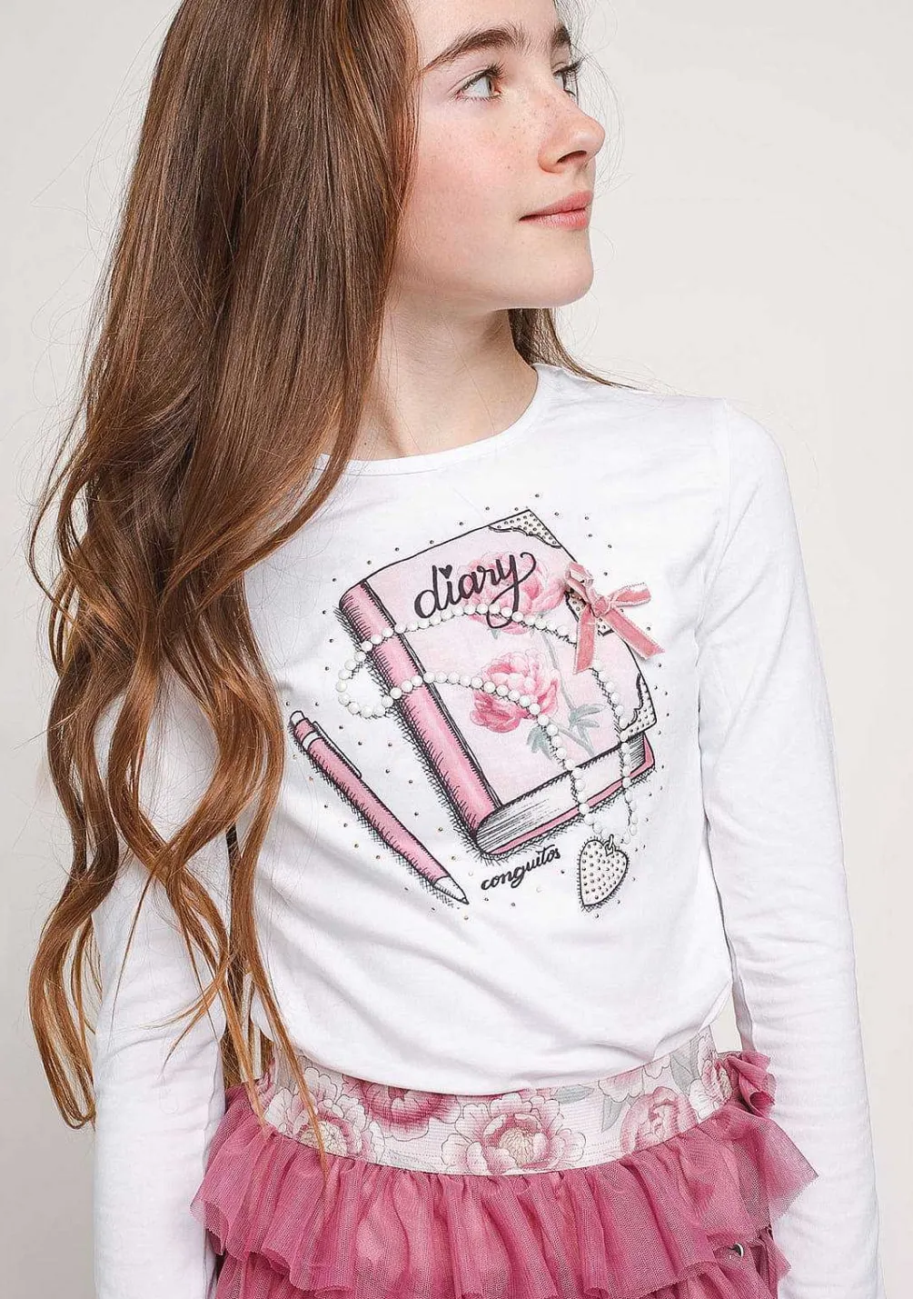 Camisetas De Manga Comprida-Conguitos T-Shirt Branca "Diario" De Menina