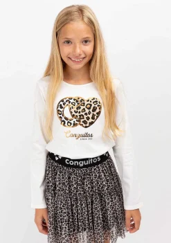 Camisetas-Conguitos T-Shirt Branca Leopardo De Menina