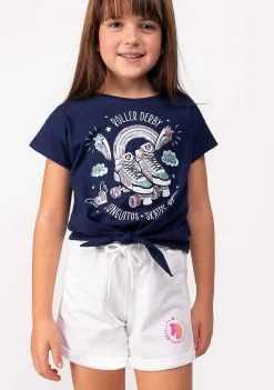 Camisetas-Conguitos T-Shirt Com No De Rolo Azul Marinho Para Menina