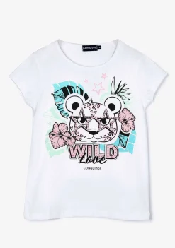 Camisetas-Conguitos T-Shirt Leopardo Com Brilho Branco Para Menina