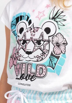 Camisetas-Conguitos T-Shirt Leopardo Com Brilho Branco Para Menina
