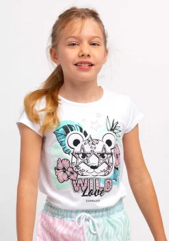 Camisetas-Conguitos T-Shirt Leopardo Com Brilho Branco Para Menina