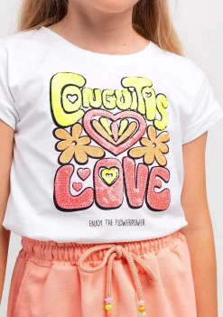 Camisetas-Conguitos T-Shirt Love Fluor Branca Com Lantejoulas Para Menina