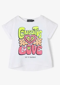Camisetas-Conguitos T-Shirt Love Fluor Branca Com Lantejoulas Para Menina
