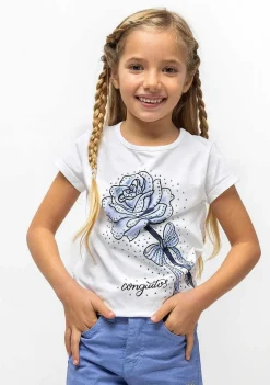 Camisetas-Conguitos T-Shirt Menina Em Strass Azul Claro "Rose"