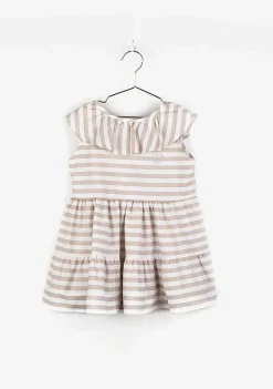 Vestidos-Conguitos Vestido Bege Listrado Com Babados De Menina