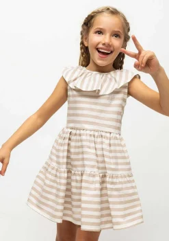Vestidos-Conguitos Vestido Bege Listrado Com Babados De Menina