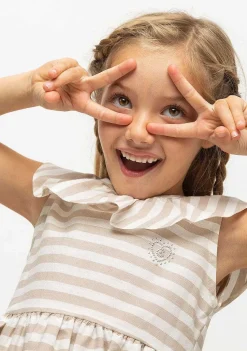 Vestidos-Conguitos Vestido Bege Listrado Com Babados De Menina