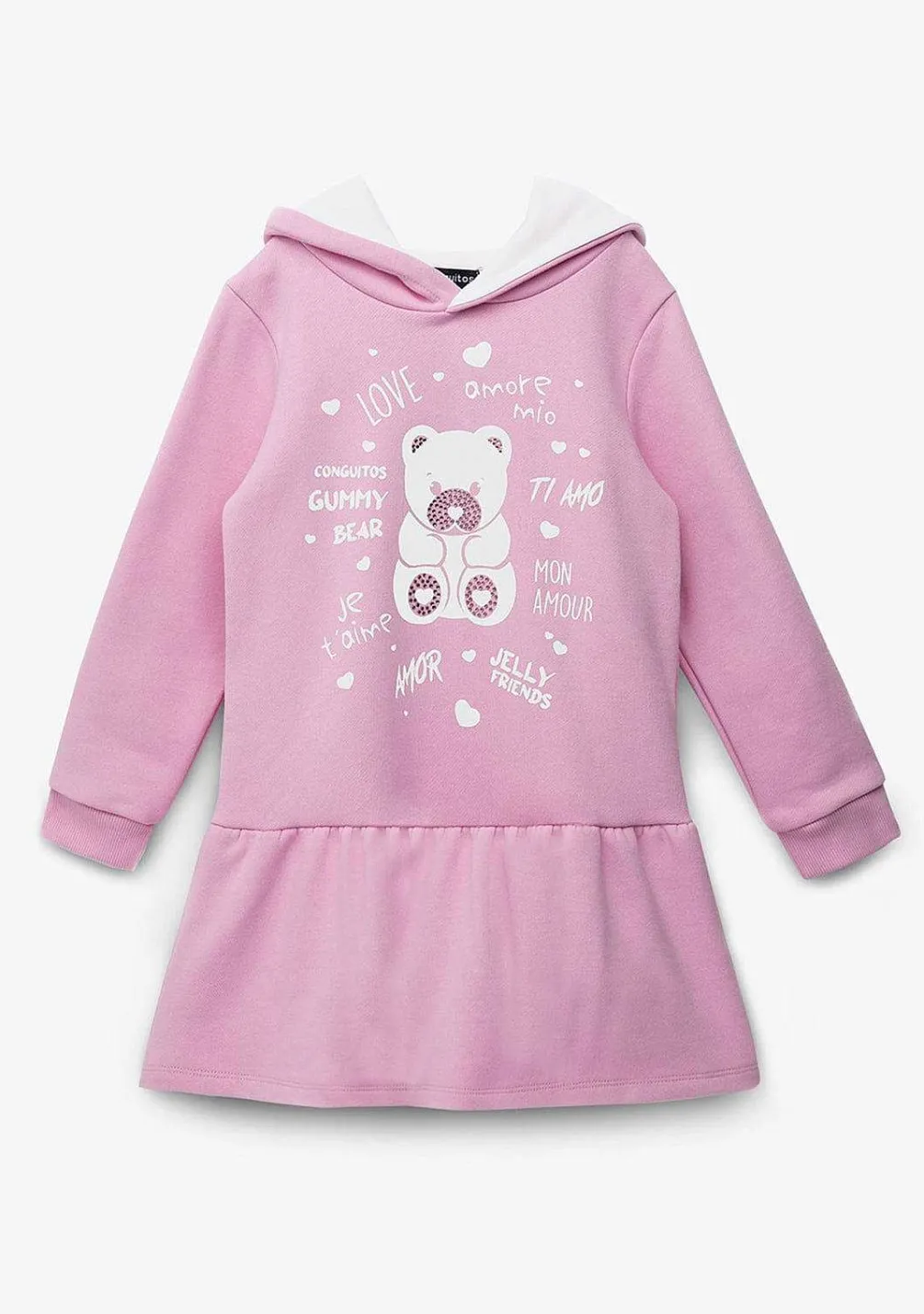 Vestido Moletom-Conguitos Vestido Feminino Com Capuz E Strass Urso Rosa