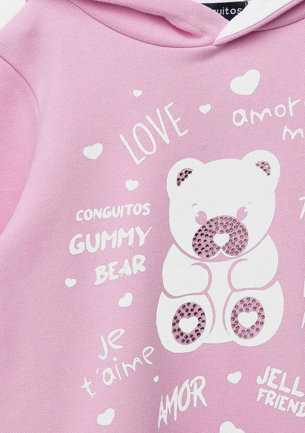 Vestido Moletom-Conguitos Vestido Feminino Com Capuz E Strass Urso Rosa
