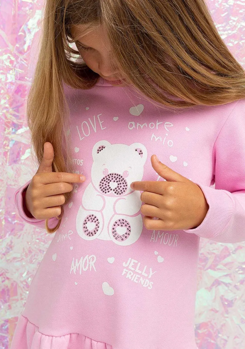 Vestido Moletom-Conguitos Vestido Feminino Com Capuz E Strass Urso Rosa