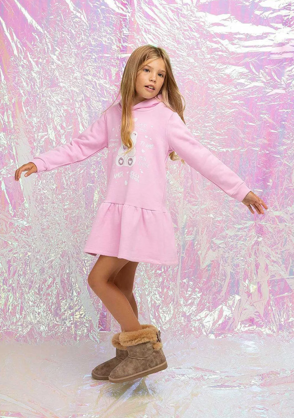 Vestido Moletom-Conguitos Vestido Feminino Com Capuz E Strass Urso Rosa