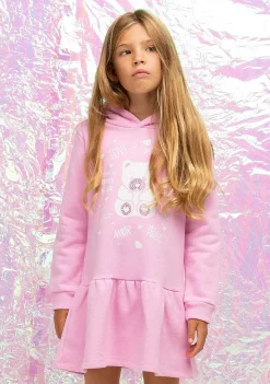Vestido Moletom-Conguitos Vestido Feminino Com Capuz E Strass Urso Rosa