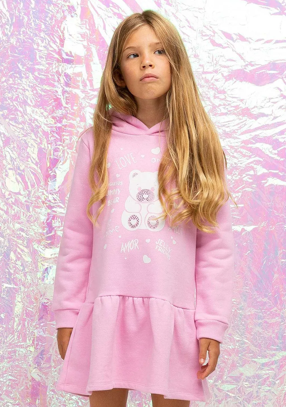 Vestido Moletom-Conguitos Vestido Feminino Com Capuz E Strass Urso Rosa