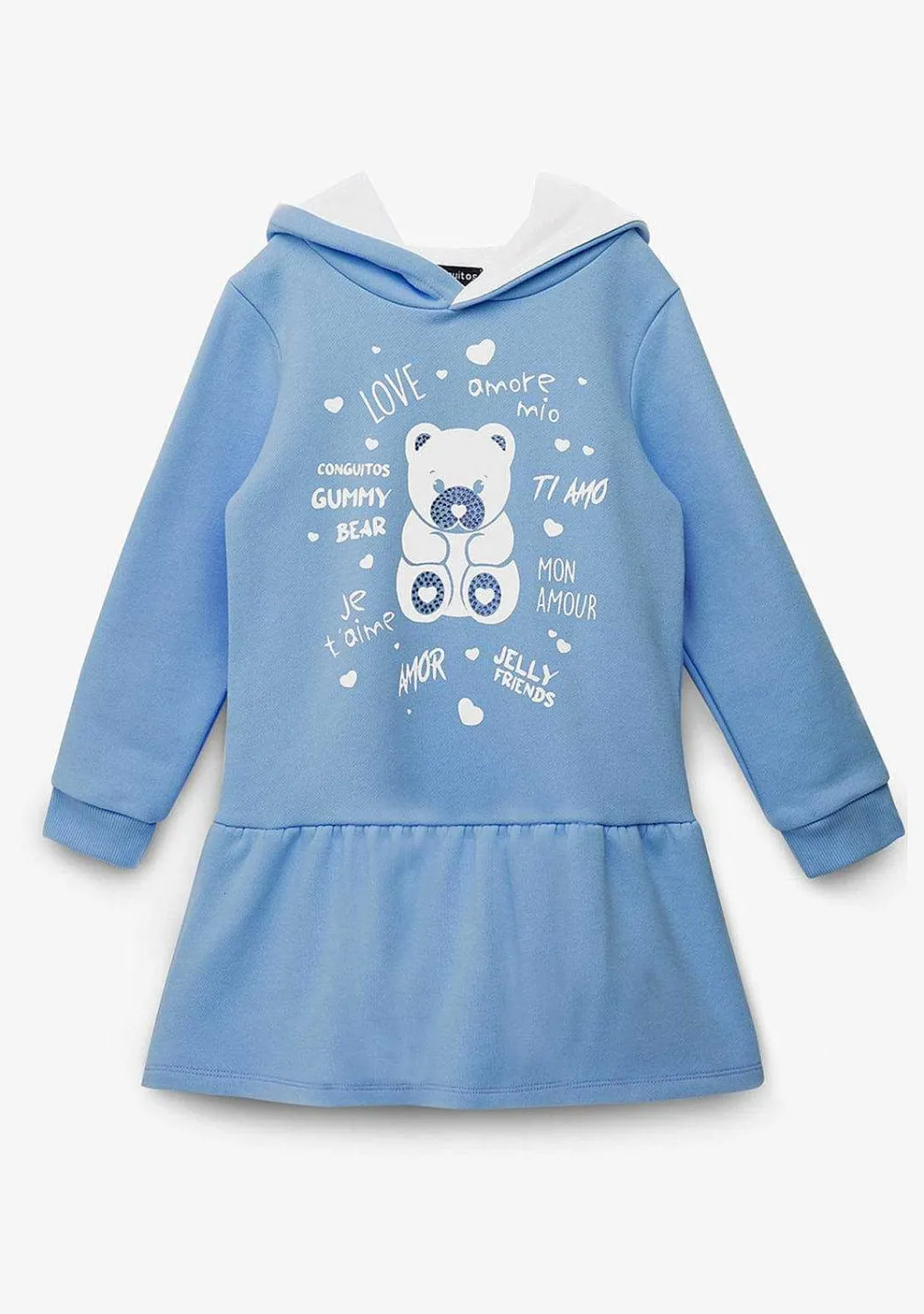 Vestido Moletom-Conguitos Vestido Feminino Com Capuz E Strass Urso Azul