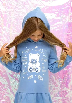 Vestido Moletom-Conguitos Vestido Feminino Com Capuz E Strass Urso Azul