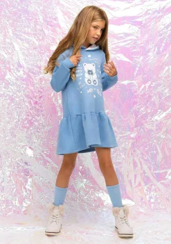 Vestido Moletom-Conguitos Vestido Feminino Com Capuz E Strass Urso Azul
