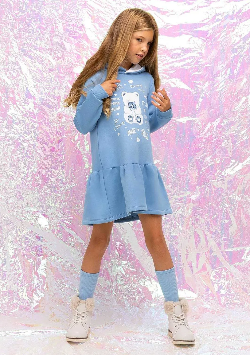 Vestido Moletom-Conguitos Vestido Feminino Com Capuz E Strass Urso Azul
