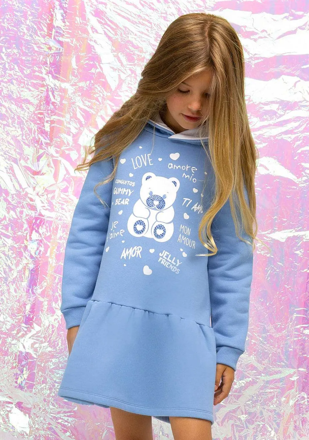 Vestido Moletom-Conguitos Vestido Feminino Com Capuz E Strass Urso Azul