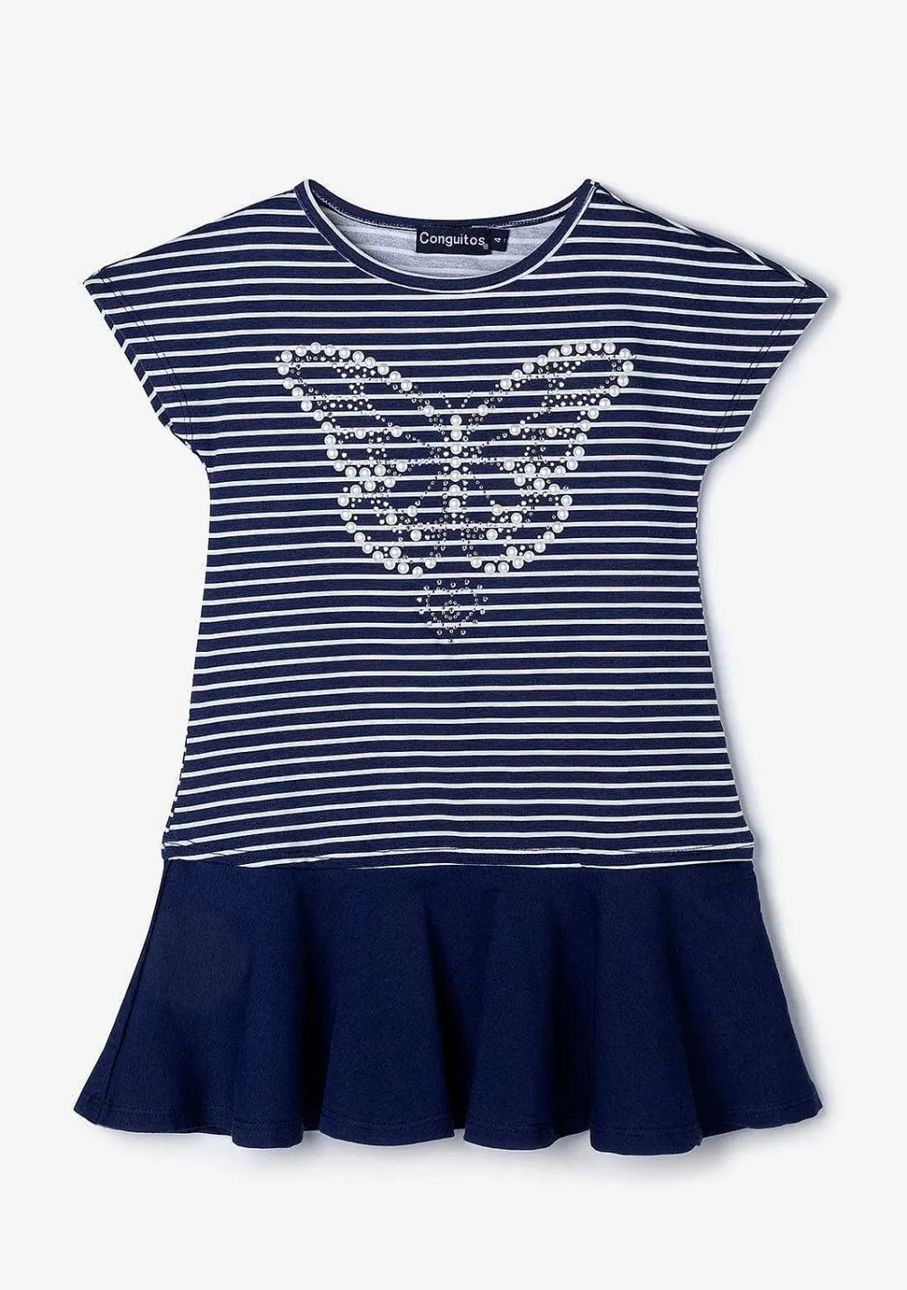 Roupas De Menina-Conguitos Vestido Feminino Listrado Borboleta Marinho