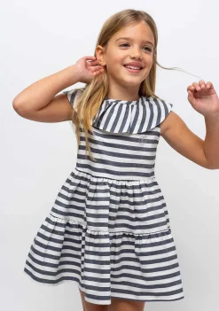 Vestidos-Conguitos Vestido Listrado Azul Marinho Feminino Com Babados