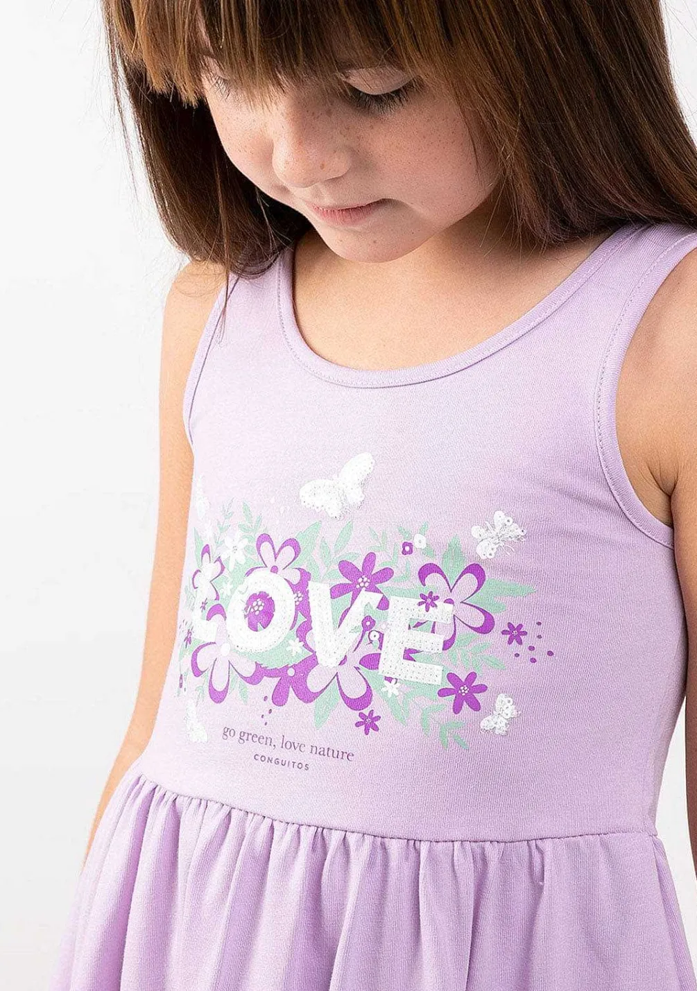 Roupas De Menina-Conguitos Vestido Malva Love Nature Com Babados Para Menina