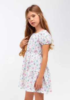 Roupas De Menina-Conguitos Vestido Menina Branco Estampado Flores