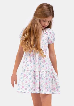 Roupas De Menina-Conguitos Vestido Menina Branco Estampado Flores