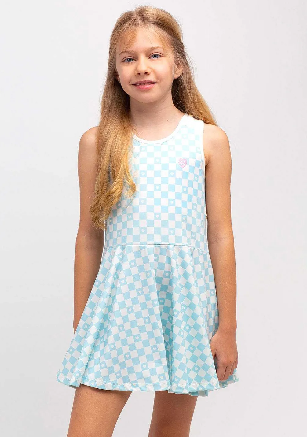 Roupas De Menina-Conguitos Vestido Skater Checkerboard Azul Claro Para Menina